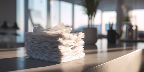 Stack of White Paper on a Desk in Bright Sunlight.