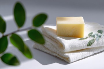 Minimalist Soap Bar on Linen with Plant Accent.