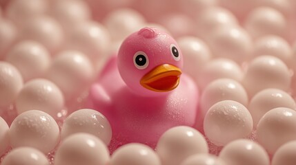 Pink Rubber Duck Surrounded by White Balls in a Ball Pit.