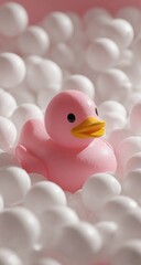 Pink rubber ducky surrounded by white fluffy balls in a playful scene.