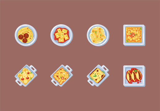 Colorful Pasta Dishes Food Illustrations Set