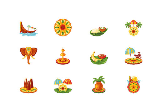 Colorful Onam Kerala Harvest Festival Traditional Icons Set