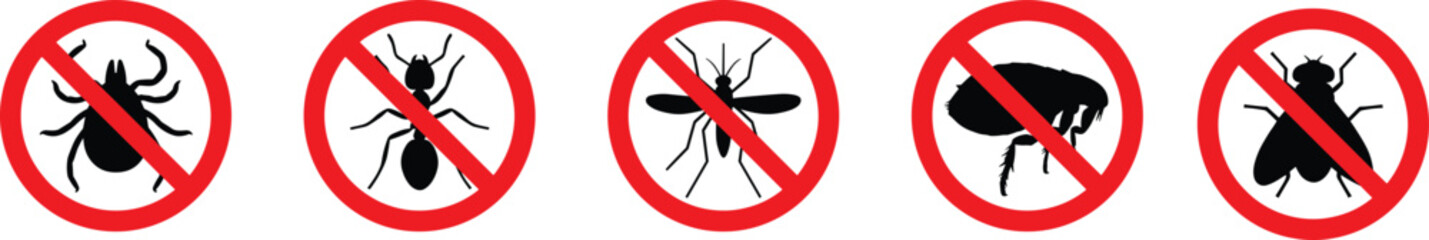 Set of red prohibition signs with black insect silhouettes including tick ant mosquito flea and fly vector illustration. © Itz Joydip