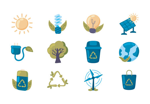 Green And Blue Eco Energy Sustainability Nature Icons Set