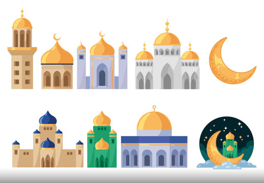 Colorful Eid Festival Mosque Illustration Set