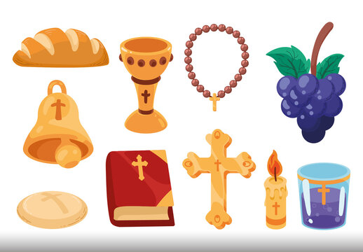Colorful First Communion Symbols Religion Illustration Set