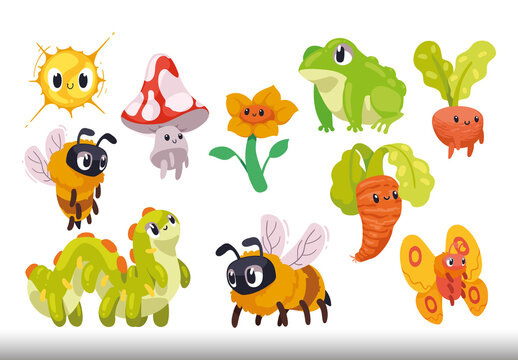 Multicolor Spring Nature Cute Animal Illustrations Set