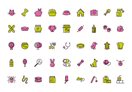 Pink and Green Pet Care Line Icons Set