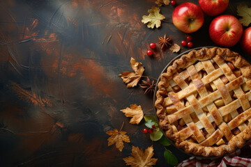 Homemade apple pie with a lattice crust surrounded by fresh apples and autumn leaves on a dark background.