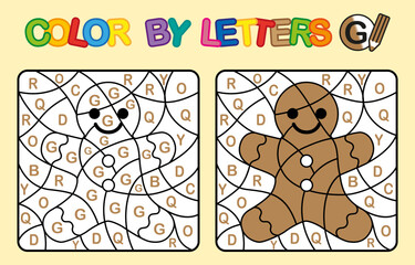 Color by letter G. Coloring Gingerbread. Puzzle game for children education