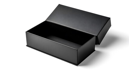 A black rectangular box with a hinged lid, open, against a white background, casting a shadow