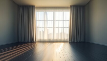 Obraz premium Empty room with wooden floor and large window with sheer curtains and bright sunlight