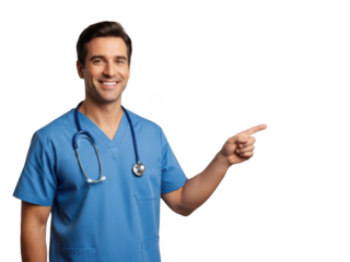 Smiling doctor pointing isolated on transparent background