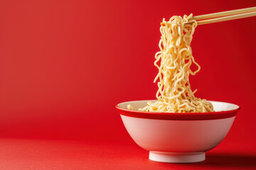 Close-up of a delicious bowl of spicy noodles with chopsticks, showcasing vibrant colors and mouth-watering ingredients.