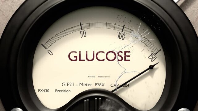 Glucose meter showing big levels of glucose. Dangerously increasing high values of glucose, critical overload. Too much, off the charts. Max glucose