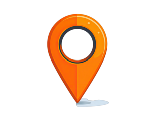 A stylized orange location marker, with a central circular hole, against a solid black backdrop