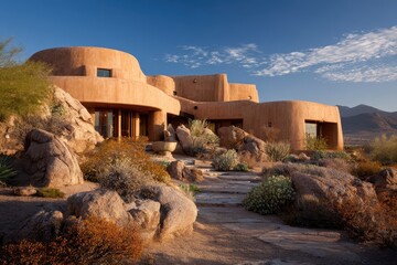 Sustainable earthen home blends seamlessly into the desert landscape with natural materials and harmonious design to create an eco-friendly retreat in a stunning environment