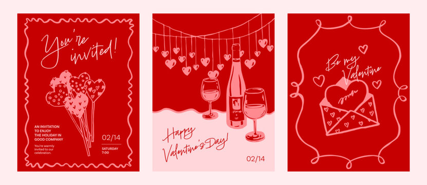 Hand drawn Valentine&rsquo;s Day greeting card set with hearts, wine glasses, envelopes, garlands, and romantic lettering. Red and pink line art vector designs.