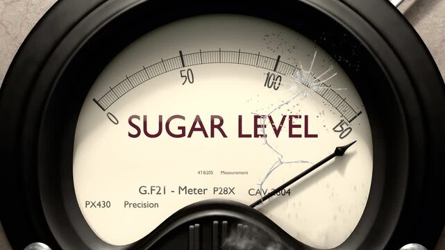 Sugar level meter showing big levels of sugar level. Dangerously increasing high values of sugar level, critical overload. Too much, off the charts. Max sugar level