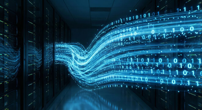 Data moves through a blockchain structure in a server room setup. - Powered by Adobe
