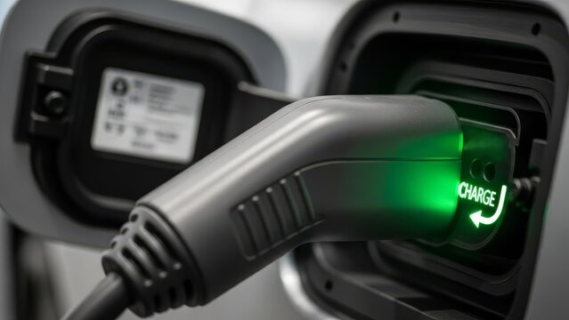 Electric vehicle charging cable plugged into car port connection