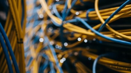 Interconnected blue and yellow network cables in a complex modern data center environment