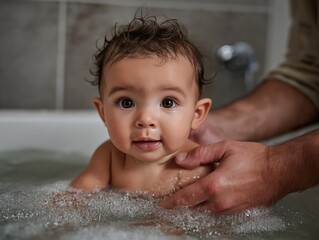 Baby enjoying a bath in a bubble-filled tub, with gentle hands supporting, creating a warm and playful atmosphere for joyful moments and family bonding