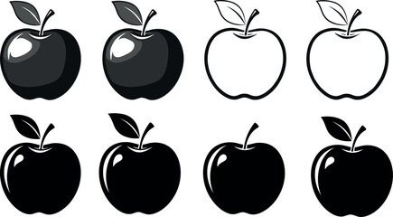 Collection of black and white apple icons in various styles including solid silhouettes, line art outlines, and shaded vector illustrations.