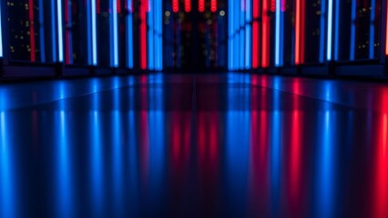 Vibrant red and blue neon lights reflecting on a glossy floor in a futuristic tunnel