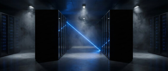 A man examines data center boxes under blue lighting and fog.