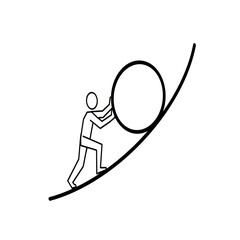 Minimalist line art of a man pushing a heavy boulder up a hill, concept of effort, perseverance, and business challenges © keooudom