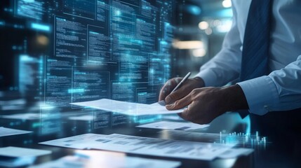 Businessman Reviewing Digital Data Reports on Transparent Screen with Financial Analytics Overlay