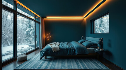 Large window frames snowy pine trees behind it.