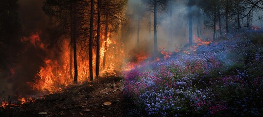 Fototapeta premium Wildfire burning through a field of purple flowers in a forest at night