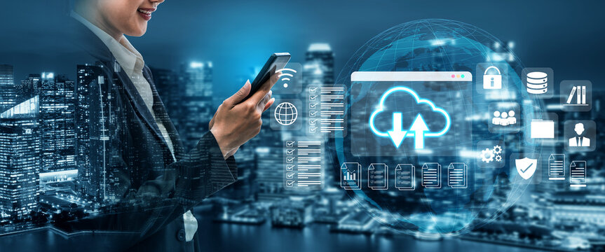 Cloud upload and download icon with surrounding data management, security, and analytics icons in digital interface Parse - Powered by Adobe