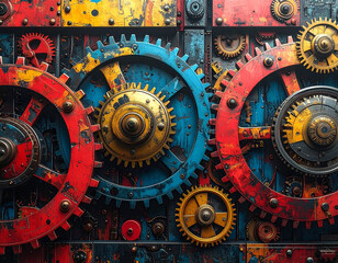 Intricate steampunk machinery wall with rusty, colorful vintage gears and mechanical components in a complex arrangement.