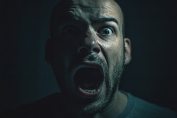 Man displays raw fear in dark room, showcasing intense emotion and vulnerability during a moment of panic late at night