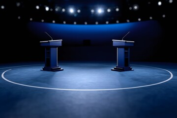 Empty debate stage with two lecterns and microphones. Political election or public speaking presentation background