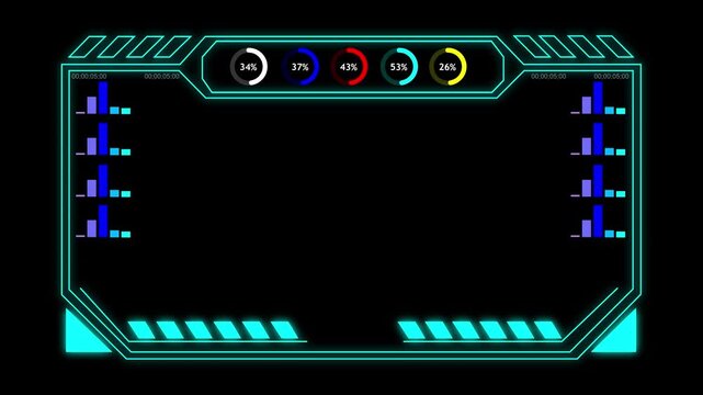 Futuristic HUD analytic frame overlay with digital interface elements. Data dashboard frame for monitoring statistics, charts, and system metrics. Glowing HUD, streaming overlays, and technology