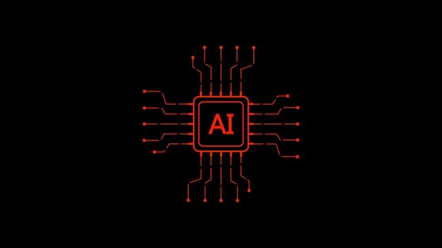 Artificial Intelligence Concept Red A I Chip with Circuitry on Black Background Technology and Innovation