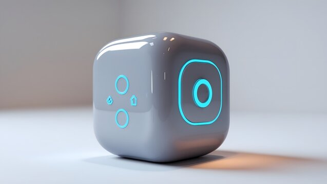 Futuristic white cube device with glowing blue circular interface icons - Powered by Adobe
