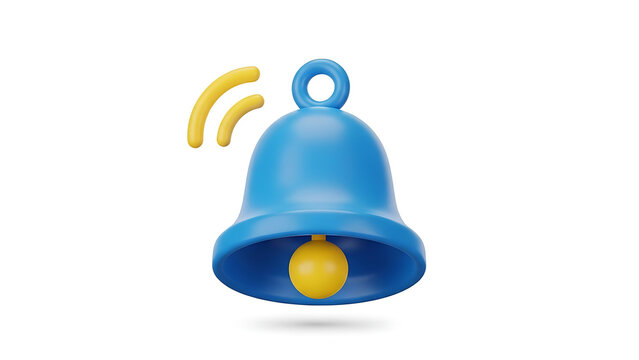Blue bell icon with yellow interior and sound waves isolated on white background