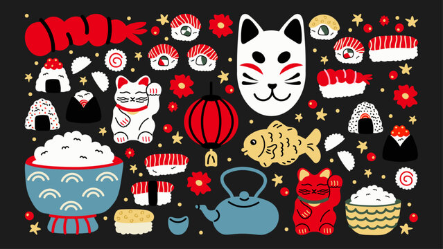 Cute kawaii doodles Asian culture stickers. Sushi, ramen, lanterns, kitsune cat mask, koi fish, lucky cat illustrations.