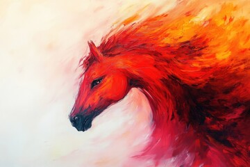 Abstract red horse on canvas with textured brushstrokes. Vitality and bold expression.