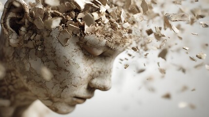 a hollow human head filled with swirling dust and floating fragments, inner chaos visualization, 
