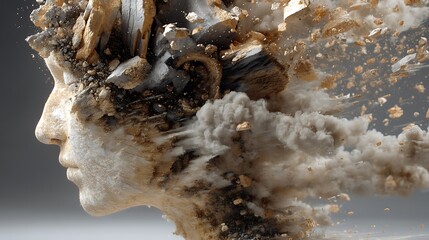 a hollow human head filled with swirling dust and floating fragments, inner chaos visualization, 