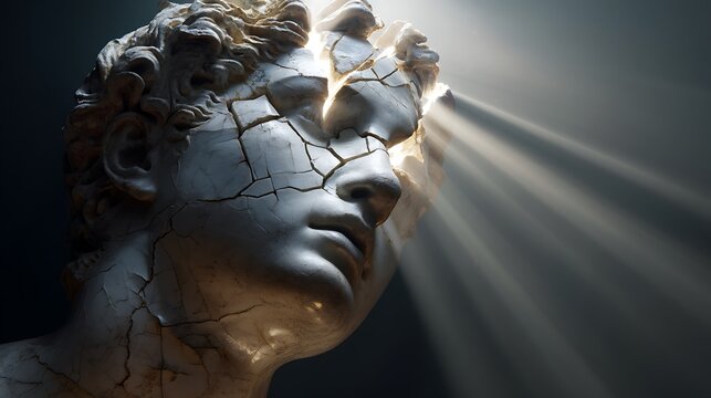 a cracked marble bust with light rays emerging from the cracks, concept of resilience through brokenness, 