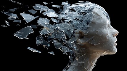 a human head breaking into floating glass fragments, symbolizing shattered thoughts and fragile mind, 