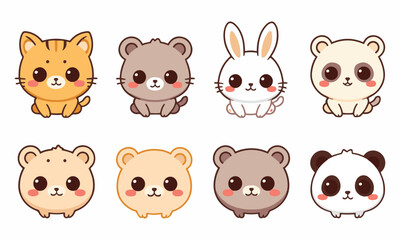 Fototapeta premium Cute kawaii cartoon animals set cat, mouse, rabbit, bear, panda