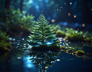 Artistic miniature glass pine tree standing on a mossy island in a calm pond with beautiful light reflections and bokeh.